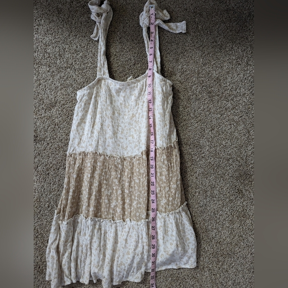 Anthropologie Lazy Sundays Tan White Ditsy Floral Knot Tie Tank Lined Dress Sz M - Picture 11 of 11